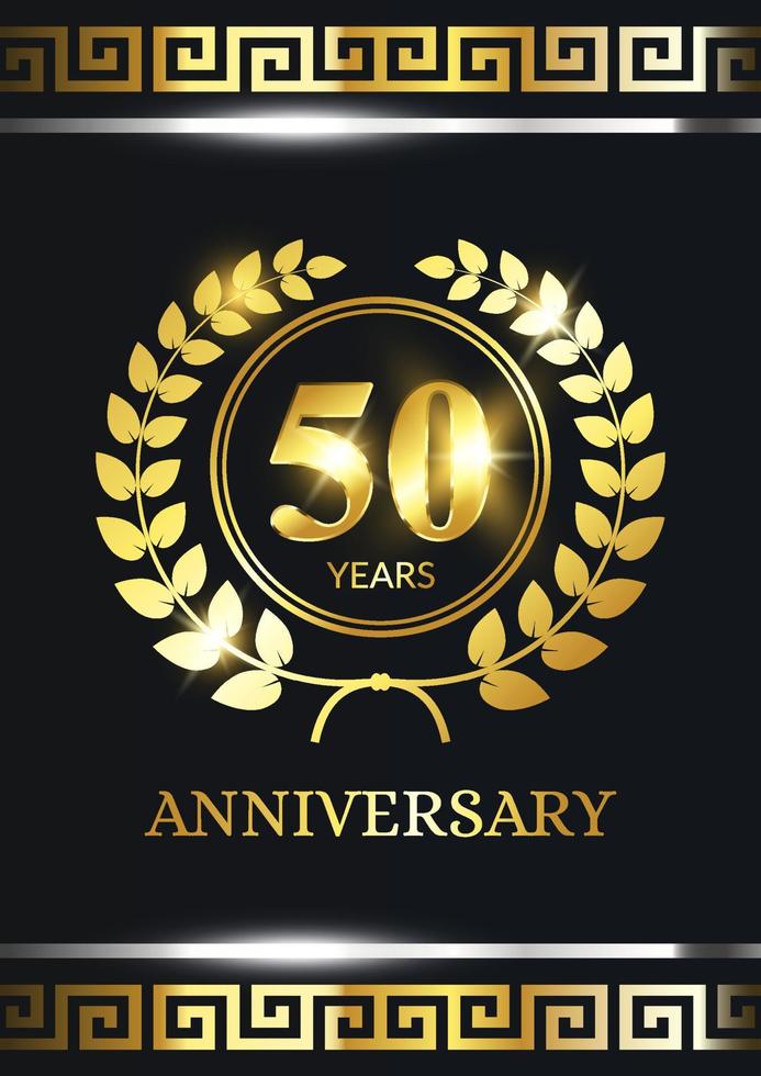 Celebrazione dell'anniversario di 50 anni. modello di celebrazione di lusso con decorazioni dorate su sfondo nero. elegante modello vettoriale per biglietti d'invito, feste, biglietti di auguri e altro.