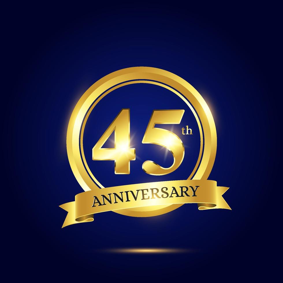 Celebrazione del 45° anniversario. modello di celebrazione di lusso con cerchio dorato e nastro su sfondo blu scuro. elegante modello vettoriale per biglietti d'invito, feste, biglietti di auguri e altro.