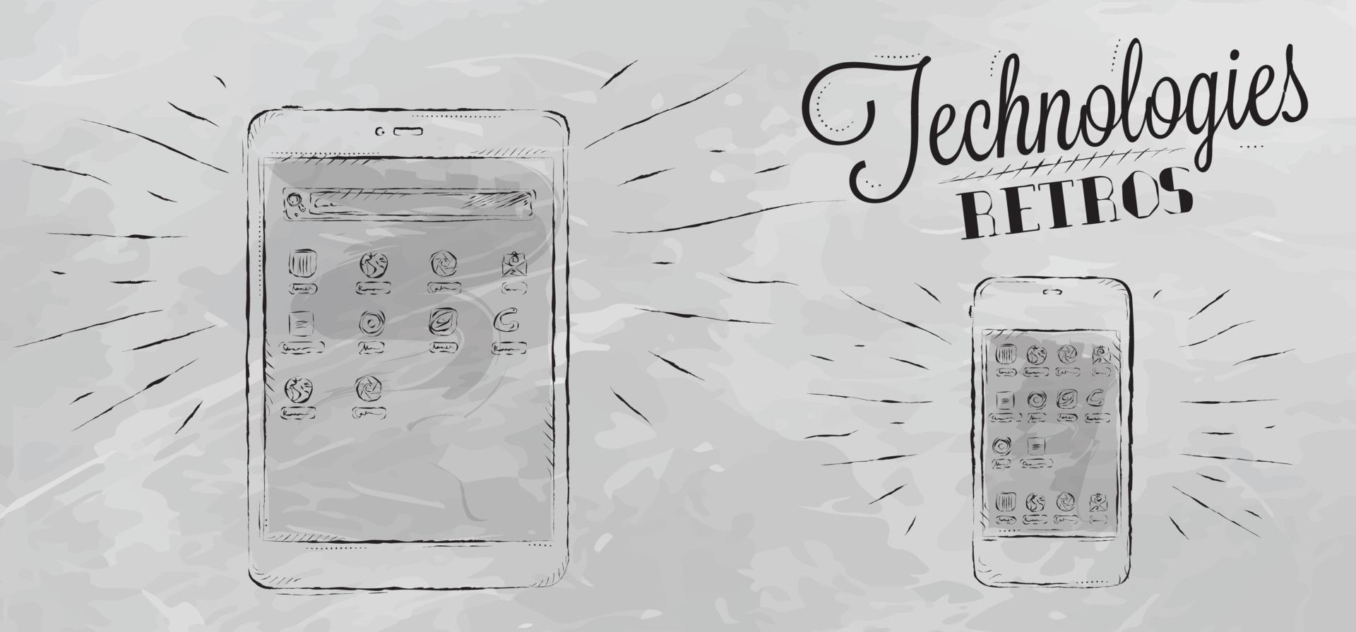 icone sul dispositivo tablet mobile con tecnologia moderna in stile vintage stilizzato sotto i disegni in gesso grigio vettore