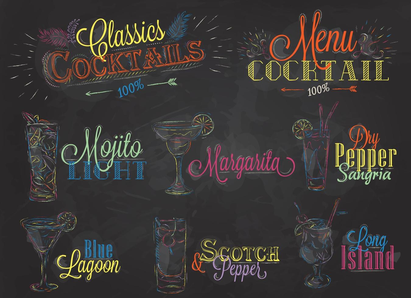set di menu cocktail in stile vintage disegno stilizzato di gesso colorato su una lavagna scolastica, cocktail mojito con illustrato, la laguna blu margarita scotch vettore
