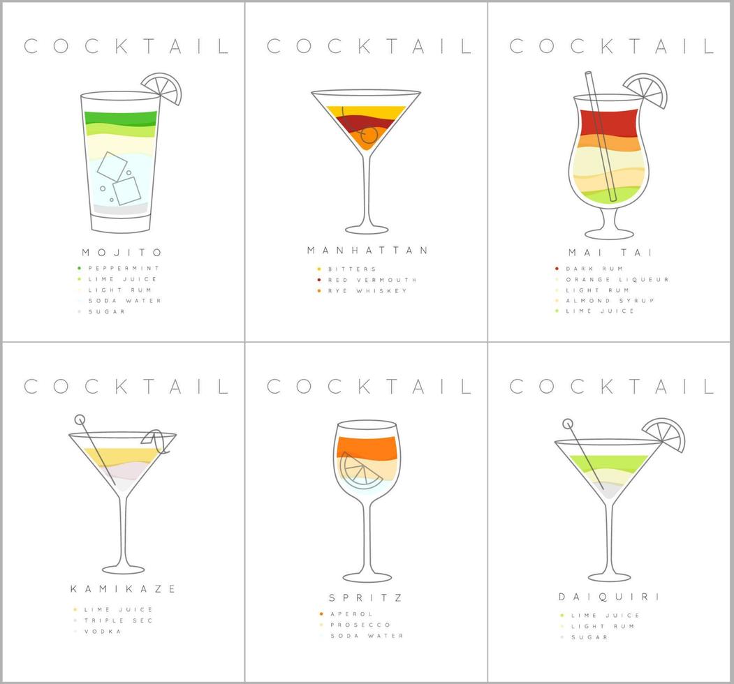 set di poster da cocktail piatti mojito, manhattan, mai tai, kamikaze, spritz, daiquiri disegno su sfondo bianco vettore