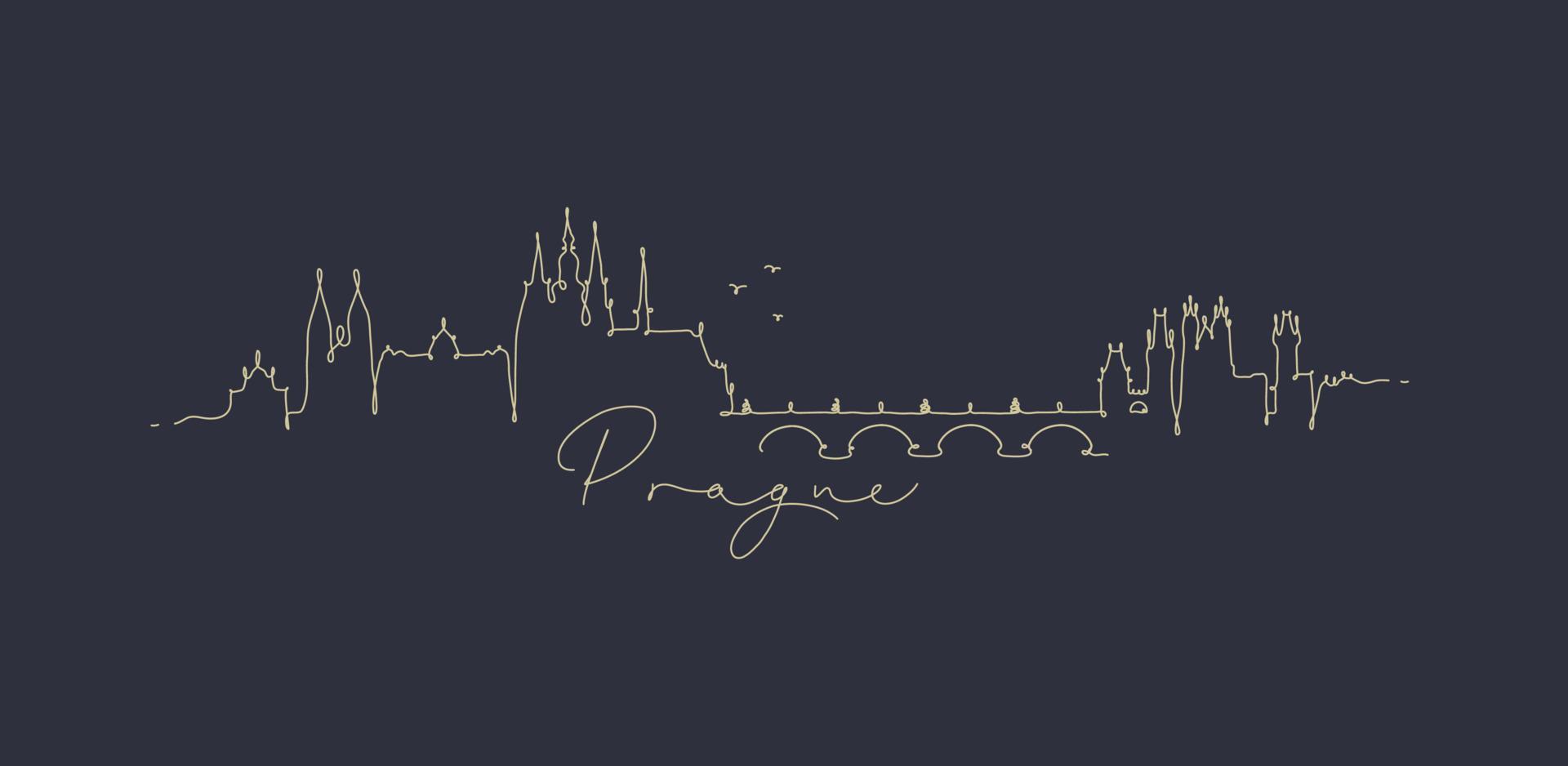 silhouette della città praga in stile linea penna disegno con linee beige su sfondo blu scuro vettore