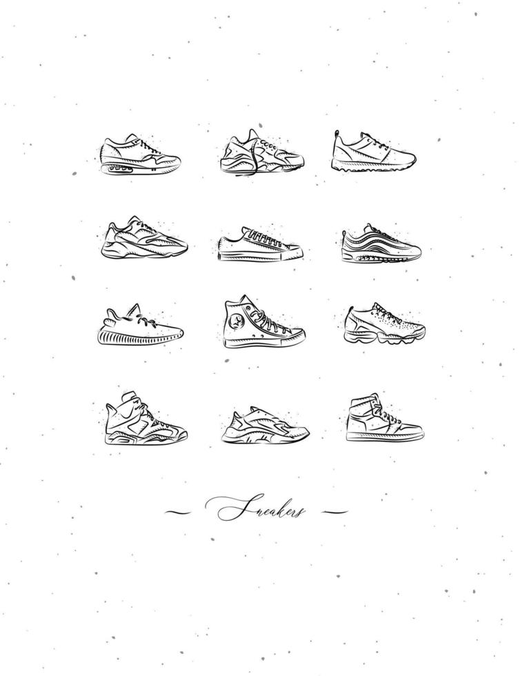 scarpe da uomo diversi tipi di scarpe da ginnastica set disegno in stile vintage su sfondo bianco vettore