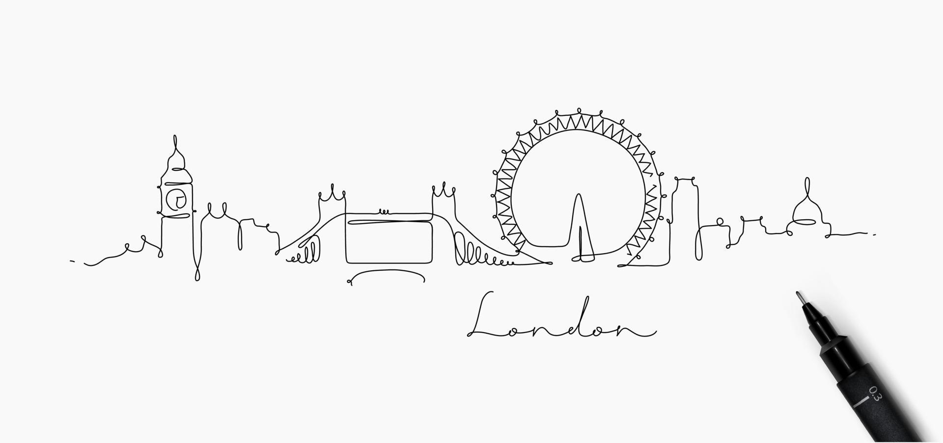 silhouette della città londra in stile linea penna disegno con linee nere su sfondo bianco vettore