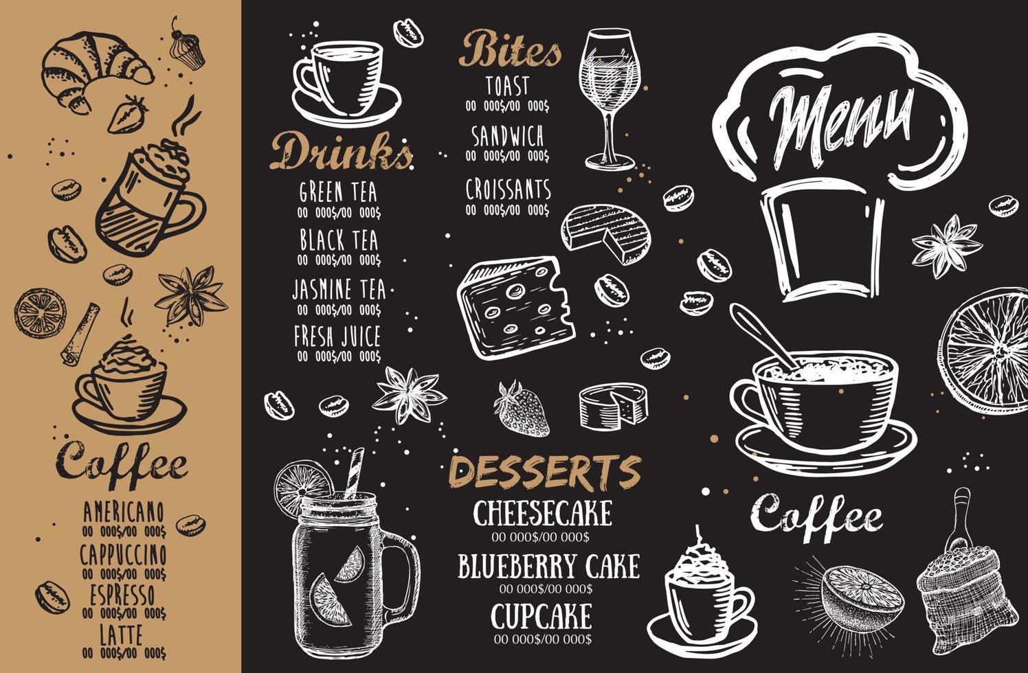 menu del ristorante, design del modello... volantino alimentare. stile disegnato a mano. illustrazione vettoriale. vettore