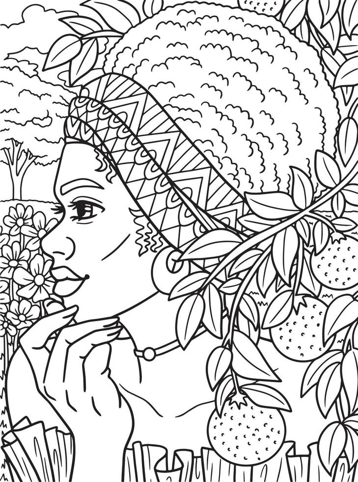 donna afro americana con colorazione per adulti di frutta vettore
