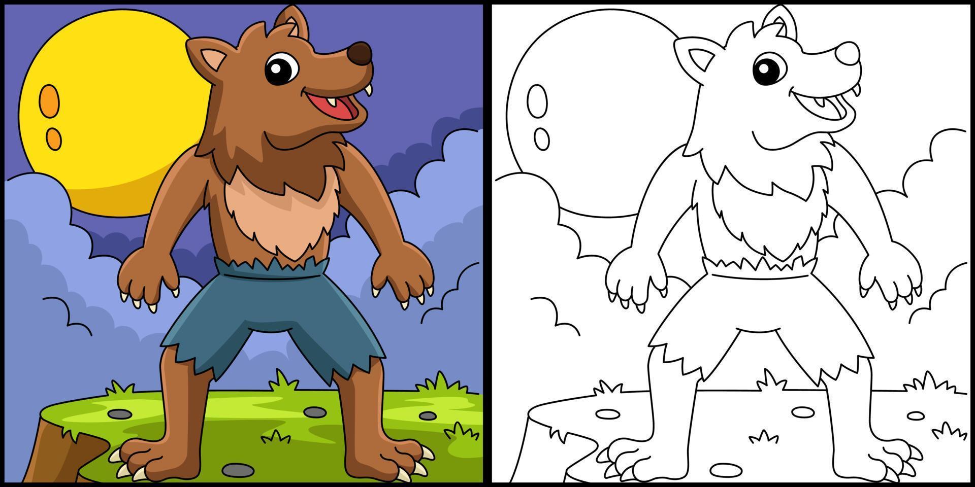 illustrazione della pagina da colorare di halloween del lupo mannaro vettore
