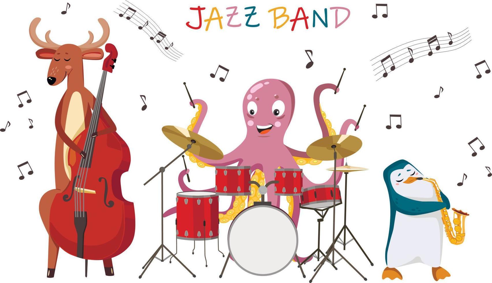 vettore musica animali personaggi jazz band. simpatici animali dei cartoni animati che suonano musica.