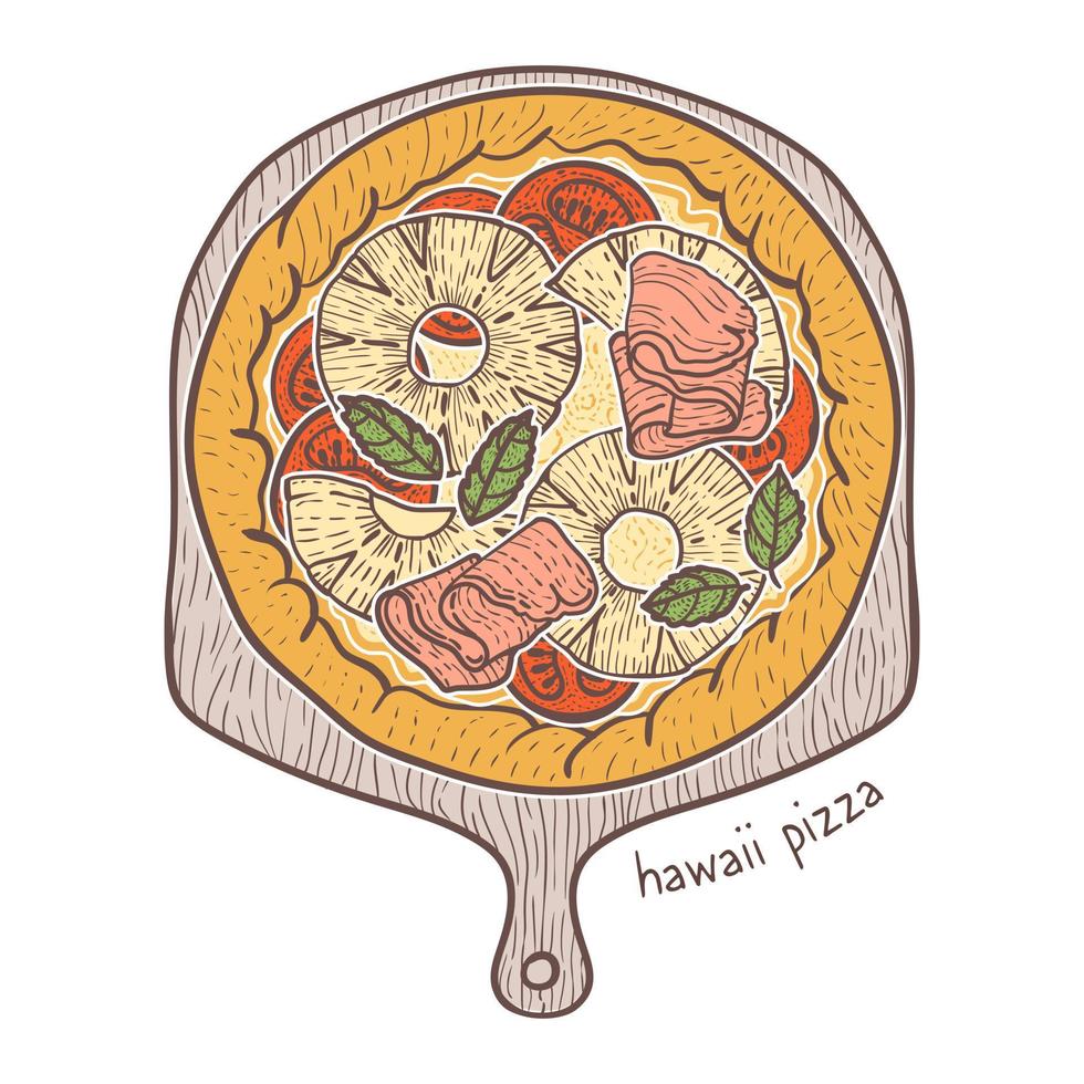 pizza hawaii con prosciutto di parma e illustrazione di schizzo di ananas vettore