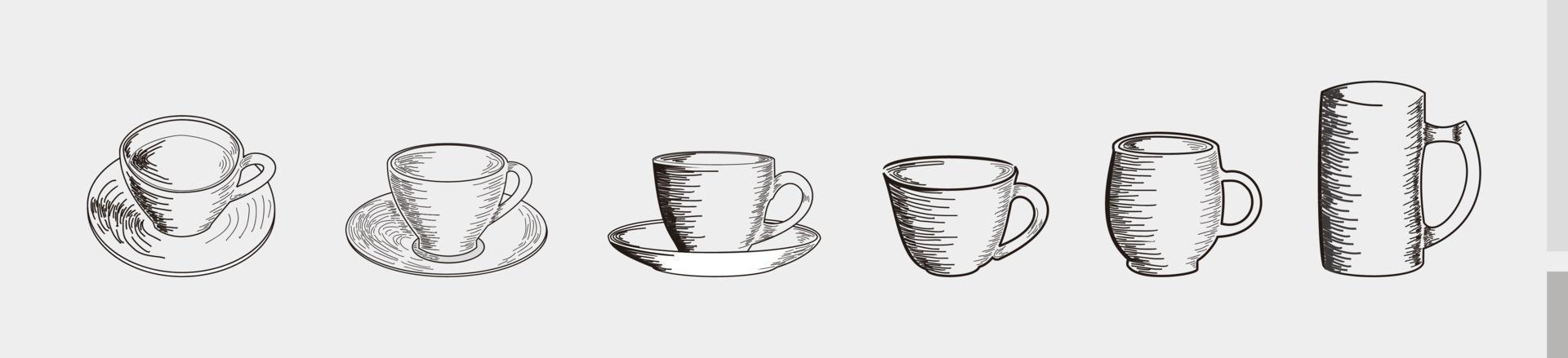 tazza di caffè e bicchieri disegnati a mano set per bar o caffè icone illustrazioni logo - tazza di caffè e bicchieri simbolo disegnato a mano silhouette vettore