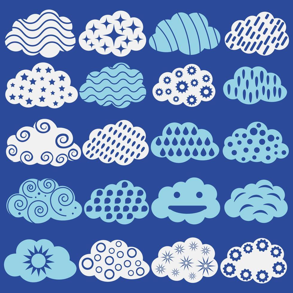 semplice raccolta di nuvole vettoriali astratte blu e bianche. simpatico pacchetto di nuvole.