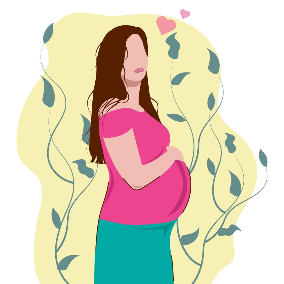 felice donna incinta tiene la sua pancia. belle foglie decorate. decorato belle foglie.illustrazione vettoriale. vettore