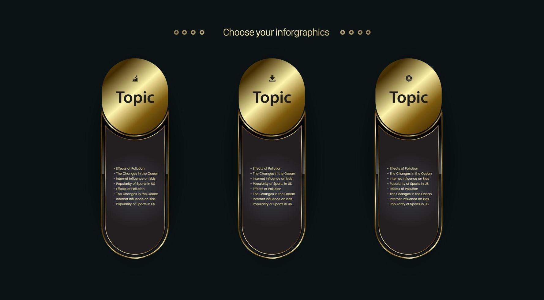 tre passaggi dorati pulsanti web design su sfondo scuro, 3 grafici premium infografica design su sfondo scuro, vettore, illustrazione vettore