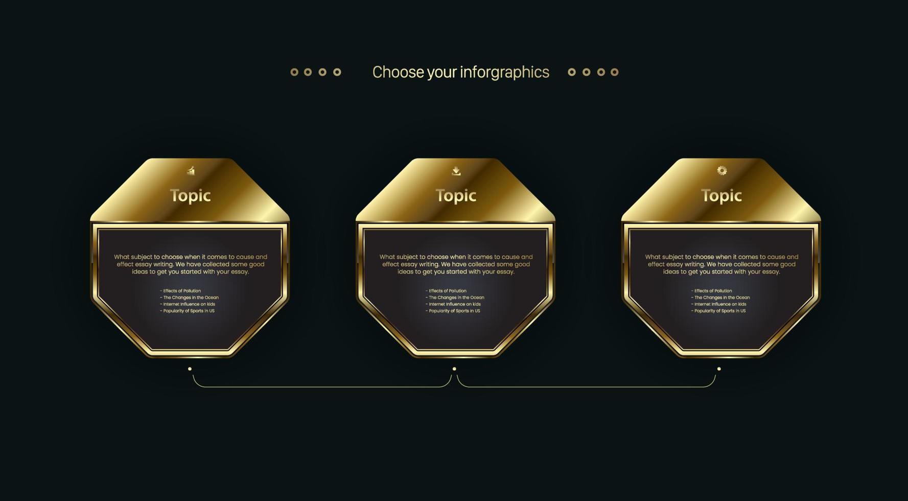 tre pulsanti a forma d'oro poligonale design, il grafico delle opzioni premium per livelli e modello di flusso di lavoro, i pulsanti dorati scuri su sfondo nero design, vettore, illustrazione vettore