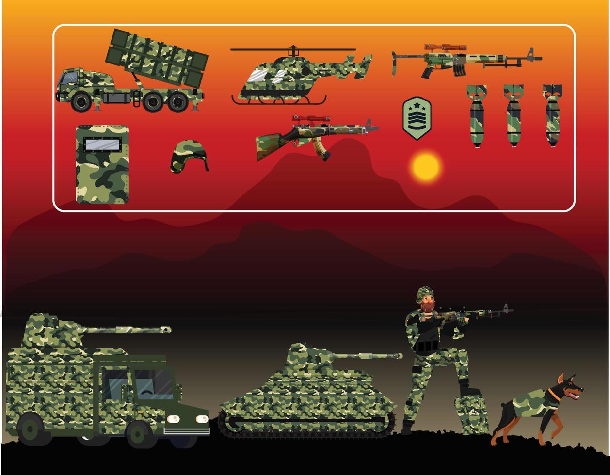 illustrazioni militari di soldati e armi diverse vettore