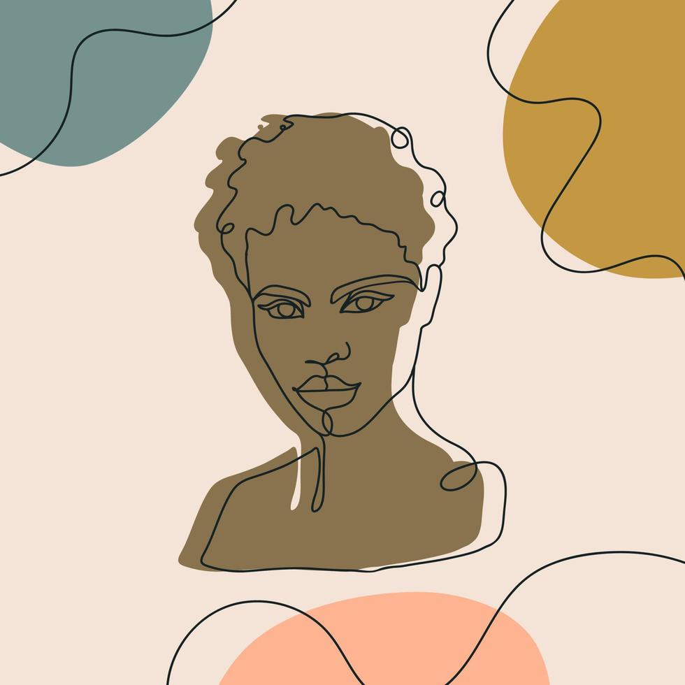 silhouette femminile a linea continua. viso di donna minimale con macchie di colore astratte. illustrazione creativa in stile art linea. vettore