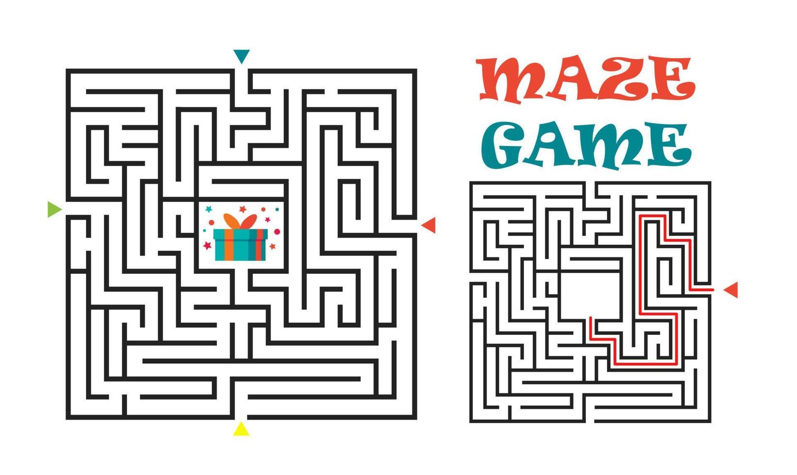 gioco labirinto quadrato per bambini. enigma della logica del labirinto. quattro ingressi e una giusta strada da percorrere. illustrazione piatta vettoriale isolata su sfondo bianco.