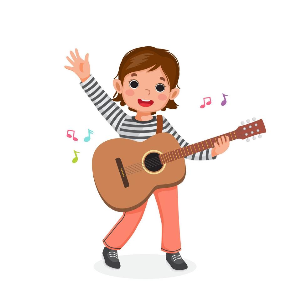 bambina sveglia che suona la chitarra e canta agitando la mano con l'espressione facciale sorridente vettore