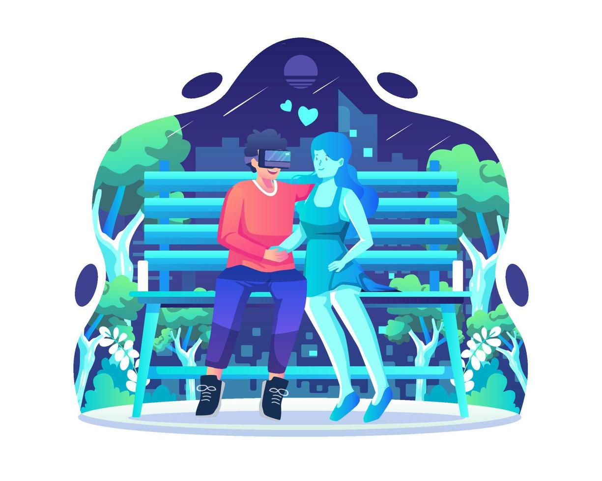 illustrazione del concetto di datazione virtuale. un uomo che indossa un visore vr ad un appuntamento con un personaggio femminile, una donna virtuale in un parco. illustrazione vettoriale in stile piatto