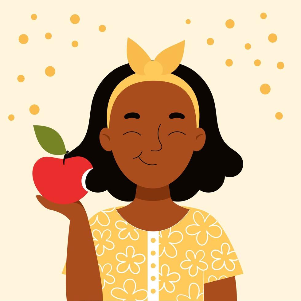 ragazza africana sorridente sveglia che mangia una mela. merenda scolastica, cibo sano, dieta a base di frutta, vitamine per bambini. illustrazione di riserva del fumetto di vettore piatto