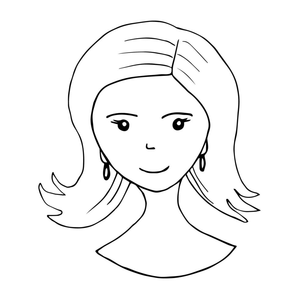 schizzo vettoriale semplice disegnato a mano. ragazza carina, capelli medio lunghi, orecchini alle orecchie, contorno nero su sfondo bianco. faccia, testa.