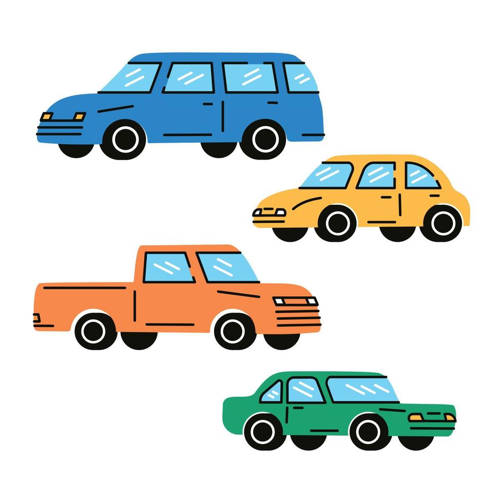 varie auto o veicoli. diversi tipi di auto berlina, suv, pick-up, coupé, hatchback, auto retrò. vettore