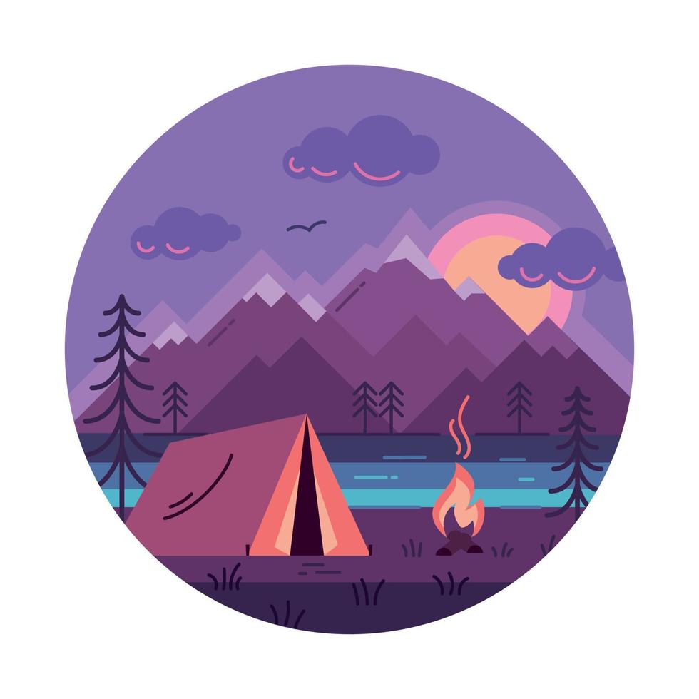 tenda da campeggio nella foresta presso il fiume colore illustrazione vettoriale in cerchio.
