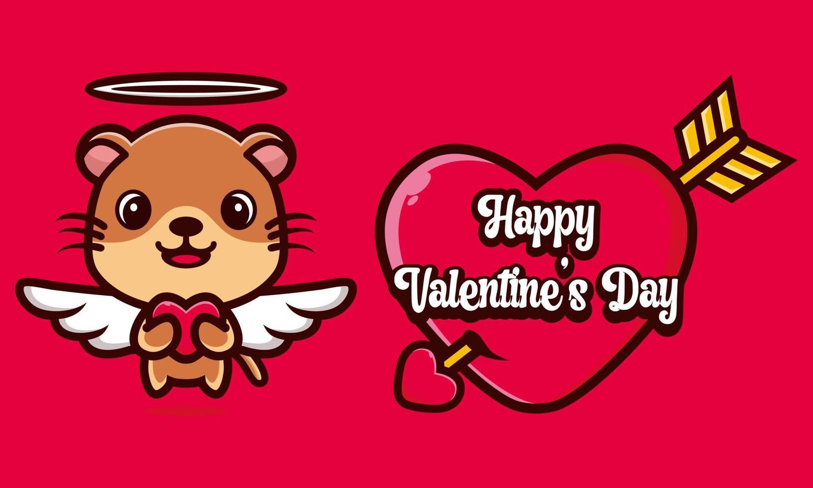 lontra carina che abbraccia un cuore con auguri di buon San Valentino vettore
