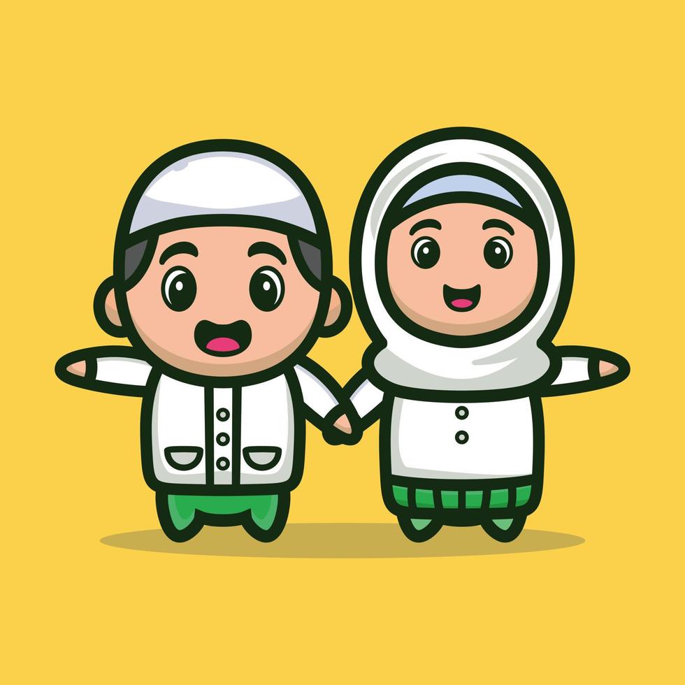 carino ragazzo musulmano e ragazza illustrazione vettoriale, personaggio dei cartoni animati della mascotte del ramadhan vettore