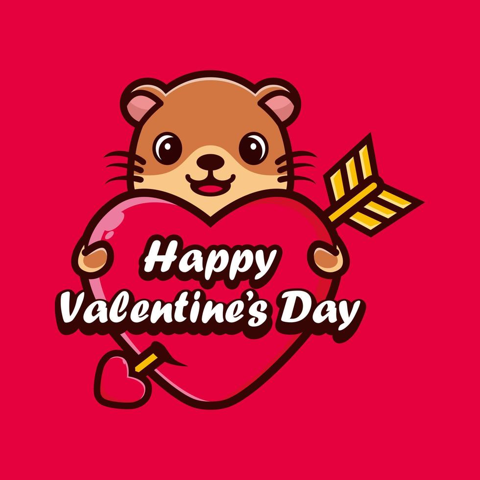 lontra carina che abbraccia un cuore con auguri di buon San Valentino vettore