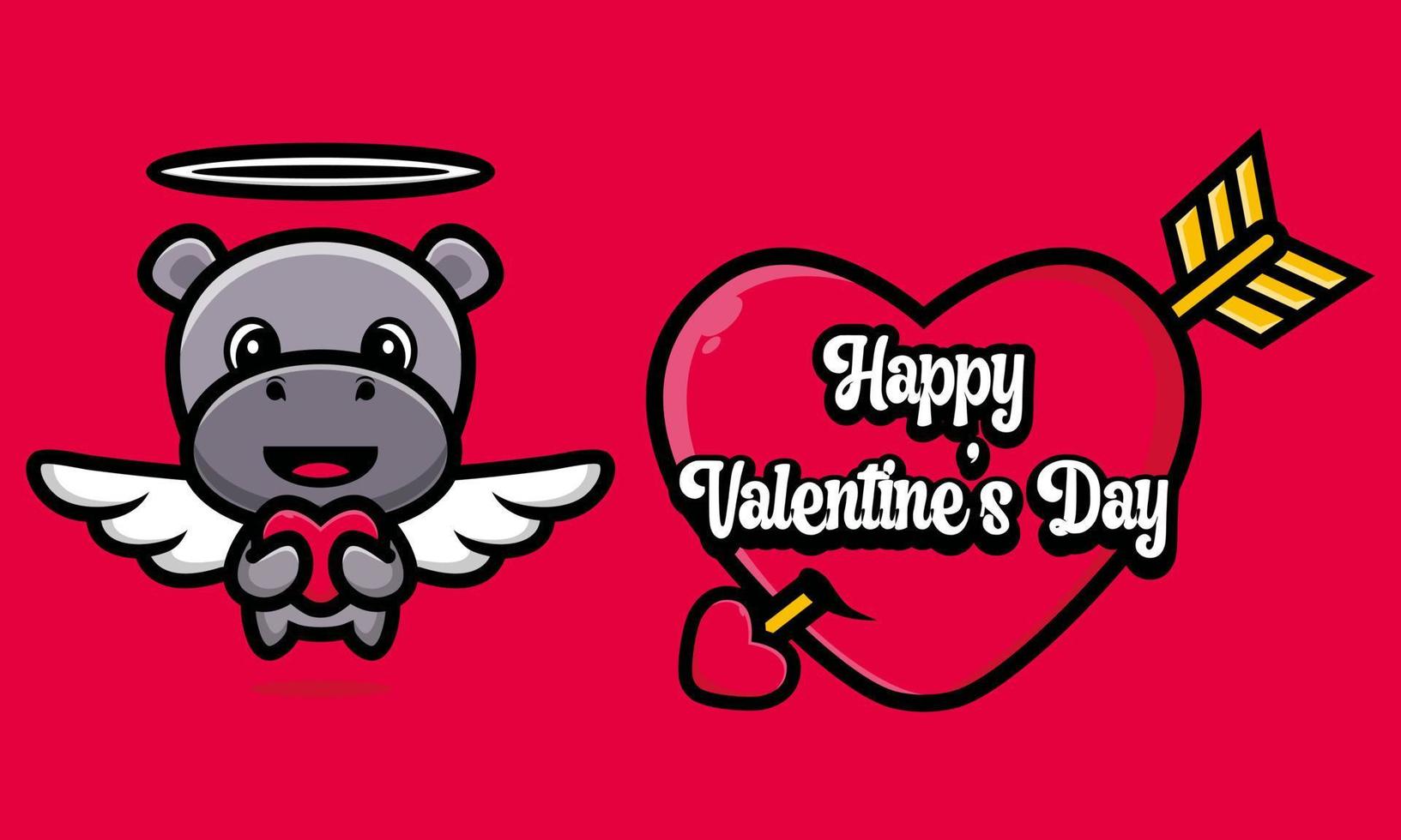 simpatico ippopotamo che abbraccia un cuore con auguri di buon San Valentino vettore
