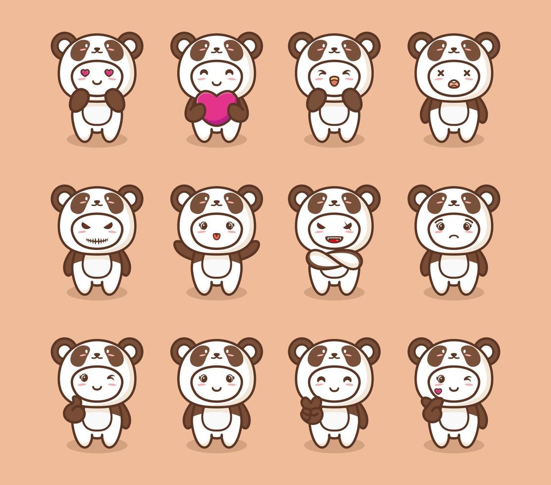 set di costume panda con varie espressioni vettore