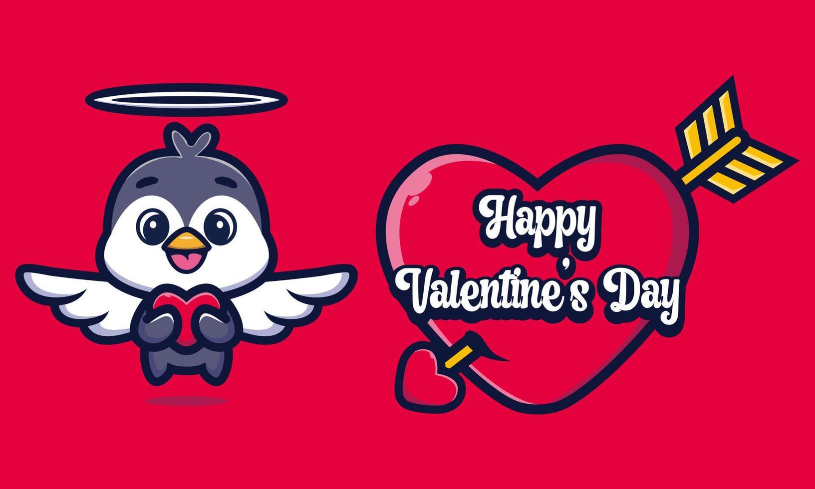simpatico pinguino che abbraccia un cuore con auguri di buon San Valentino vettore
