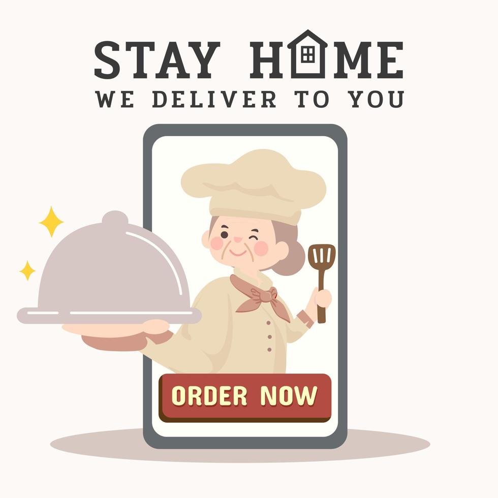 chef anziana,consegna cibo online.nonna,nonna,nonna.rimani a casa, ti consegniamo affari online su smartphone,app mobile.ordina ora banner.cibo servito da simpatico chef.design illustion vettoriale. vettore