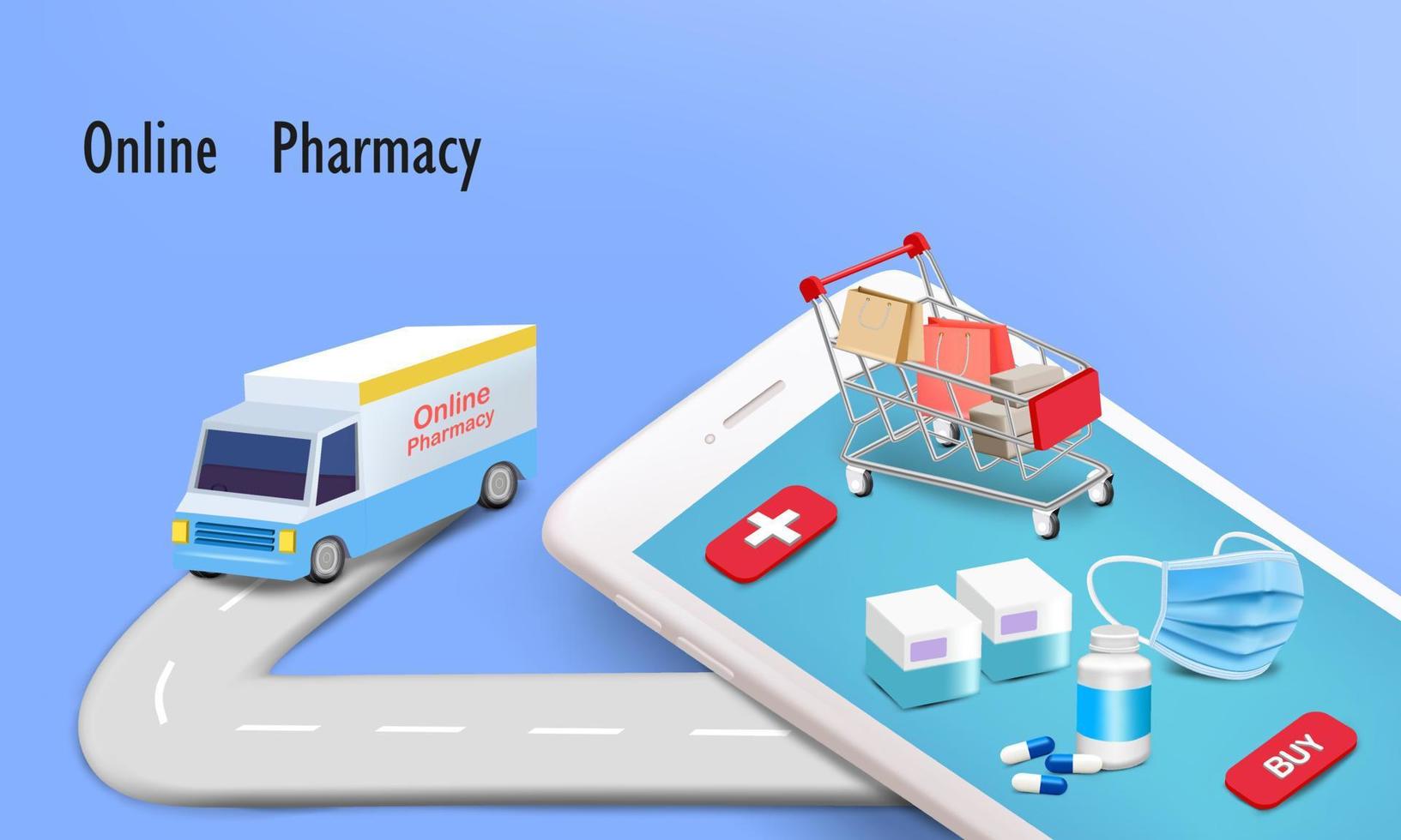 medicina con carrello e camion di consegna per farmacia online vettore