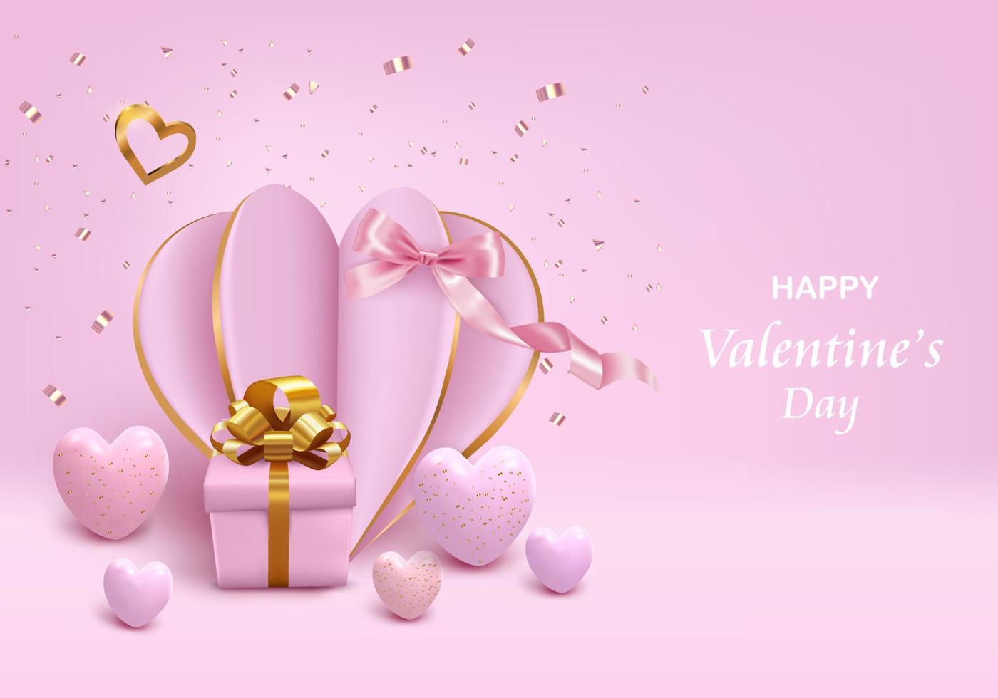 cuore rosa con confezione regalo e coriandoli per San Valentino vettore