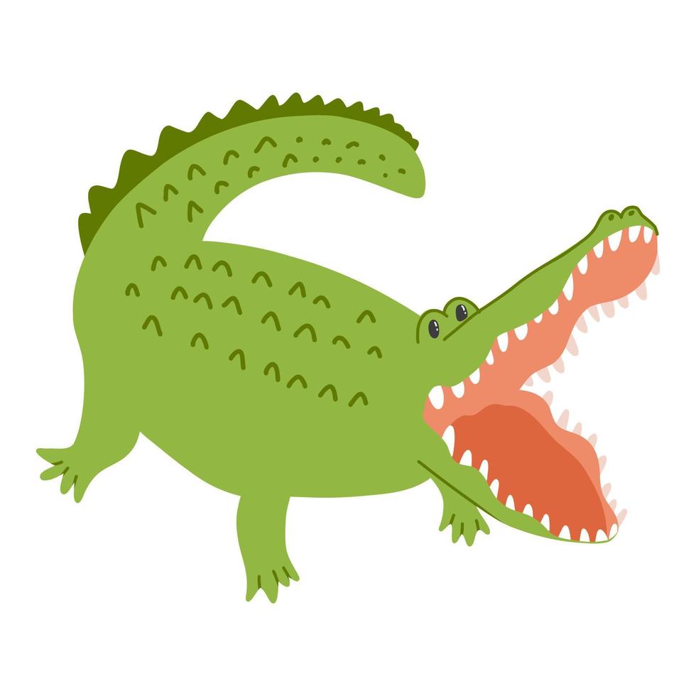 simpatico coccodrillo in stile cartone animato disegnato a mano. illustrazione vettoriale di divertente predatore di alligatore, personaggio animale isolato su sfondo bianco