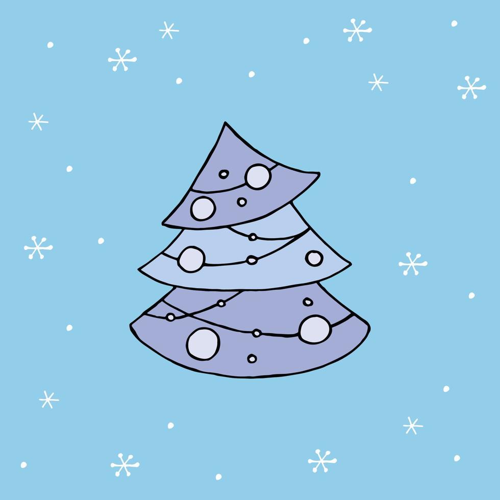 un albero di natale disegnato a mano. illustrazione vettoriale colorata in stile doodle. umore invernale. ciao 2023. buon natale e felice anno nuovo. albero blu con giocattoli su uno sfondo con fiocchi di neve.