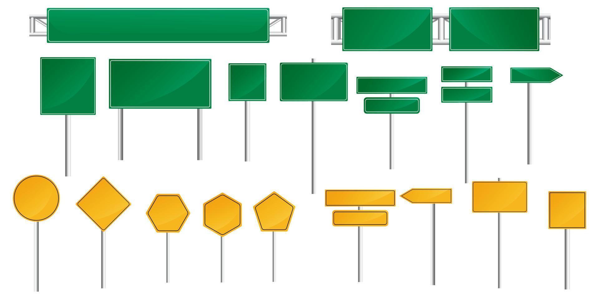 insieme vettoriale di segnali stradali con varie forme nei colori verde e arancione. segnale stradale icona vettore sfondo isolato
