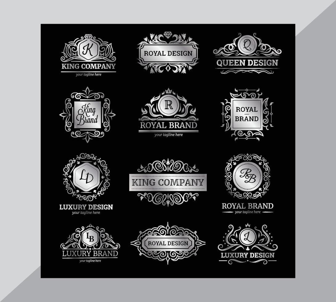 set di etichette di lusso in argento con svolazzi e decorazioni ornate di monogrammi vettore