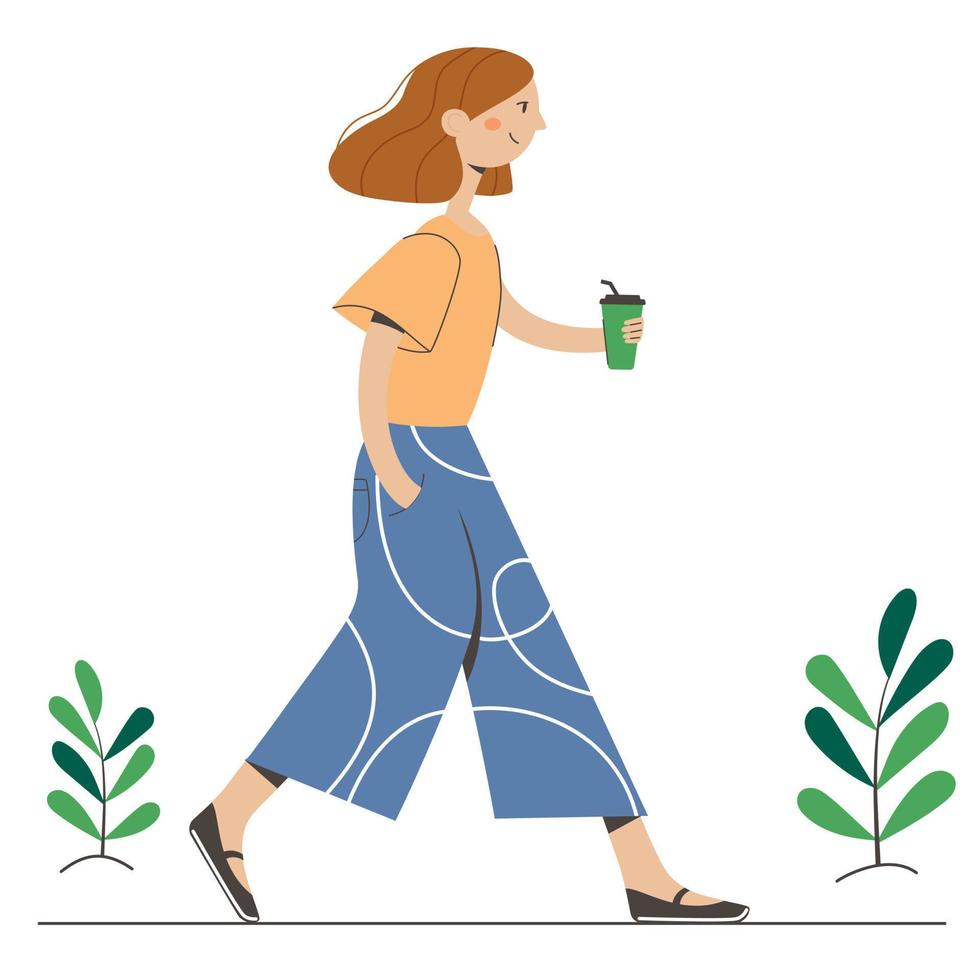 una donna con ampi pantaloni blu sta passeggiando con una tazza di caffè. immagine vettoriale isolata su uno sfondo bianco.