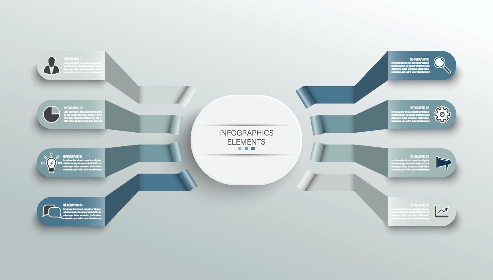 modello di infografica vettoriale con etichetta di carta 3d, cerchi integrati. concetto di affari con 8 opzioni. per contenuto, diagramma, diagramma di flusso, passaggi, parti, infografiche della sequenza temporale, flusso di lavoro, grafico.