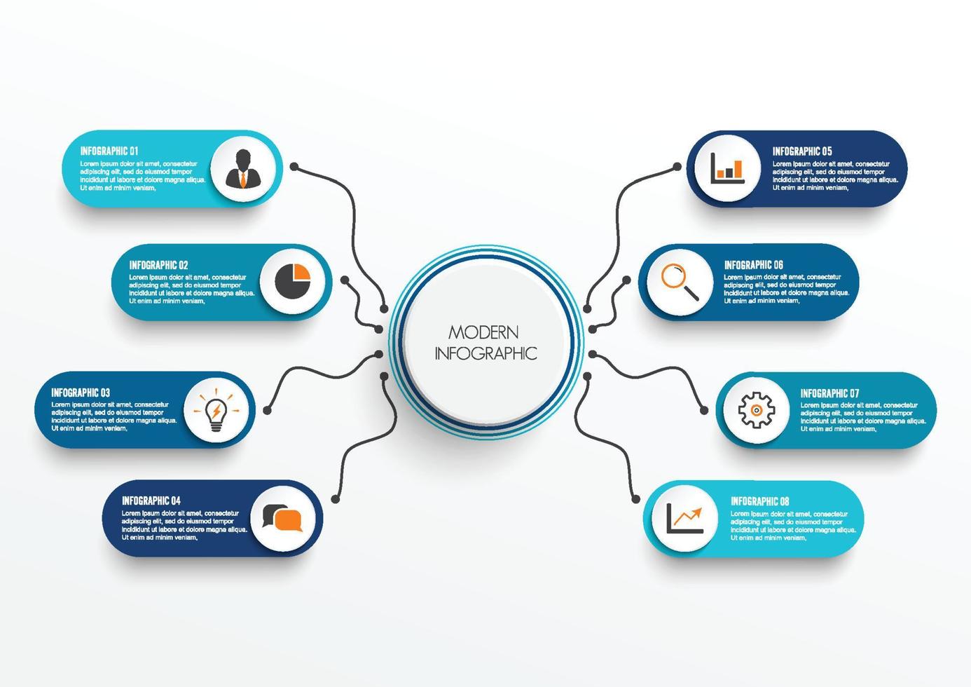 modello di infografica vettoriale con etichetta di carta 3d, cerchi integrati. concetto di affari con 8 opzioni. per contenuto, diagramma, diagramma di flusso, passaggi, parti, infografiche della sequenza temporale, flusso di lavoro, grafico.