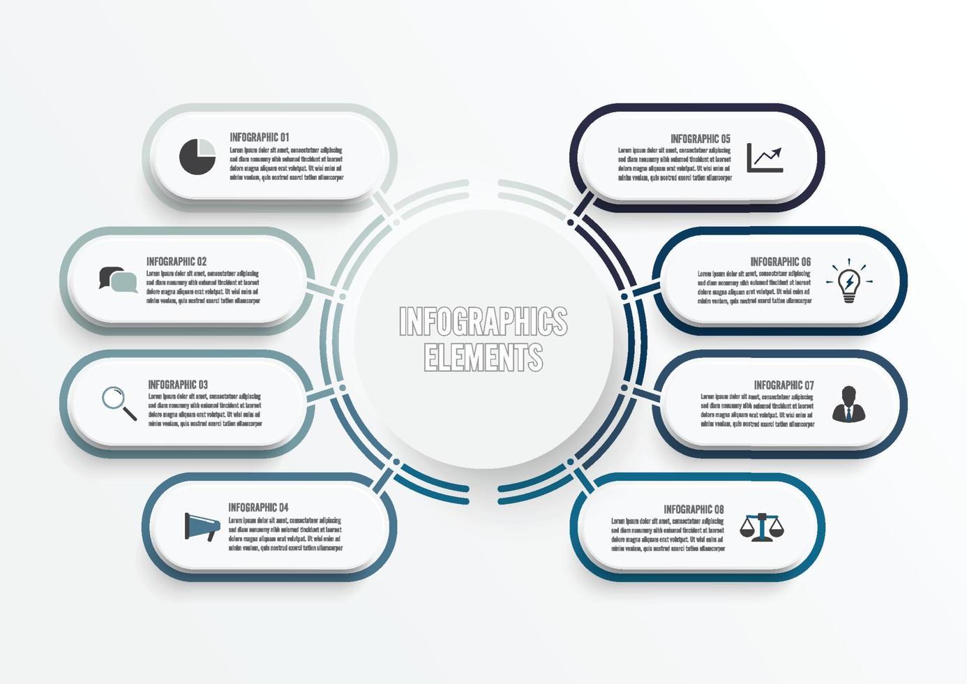 modello di infografica vettoriale con etichetta di carta 3d, cerchi integrati. concetto di affari con 8 opzioni. per contenuto, diagramma, diagramma di flusso, passaggi, parti, infografiche della sequenza temporale, flusso di lavoro, grafico.