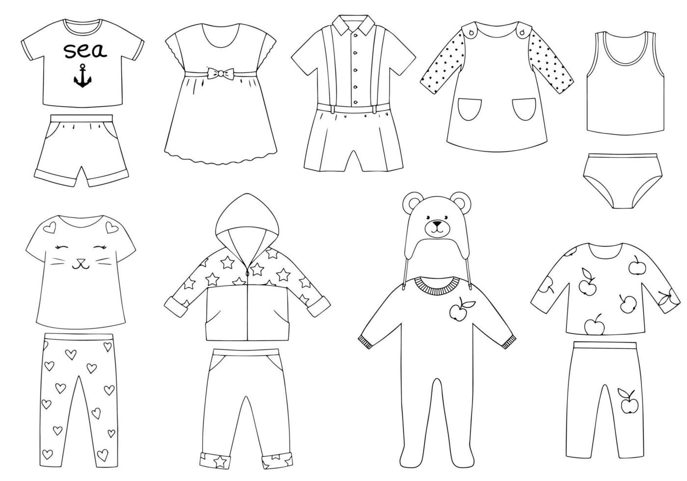 collezione di abbigliamento per bambini. immagine lineare vettoriale su sfondo bianco