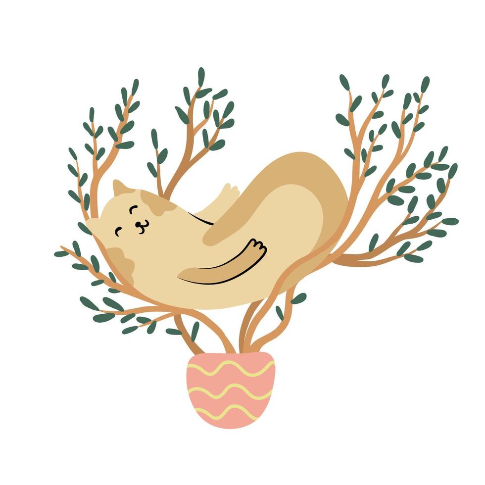 gatto addormentato su una pianta d'appartamento di ficus in un vaso di fiori. stile piatto. illustrazione disegnata a mano vettoriale isolata su sfondo bianco. animale domestico divertente.