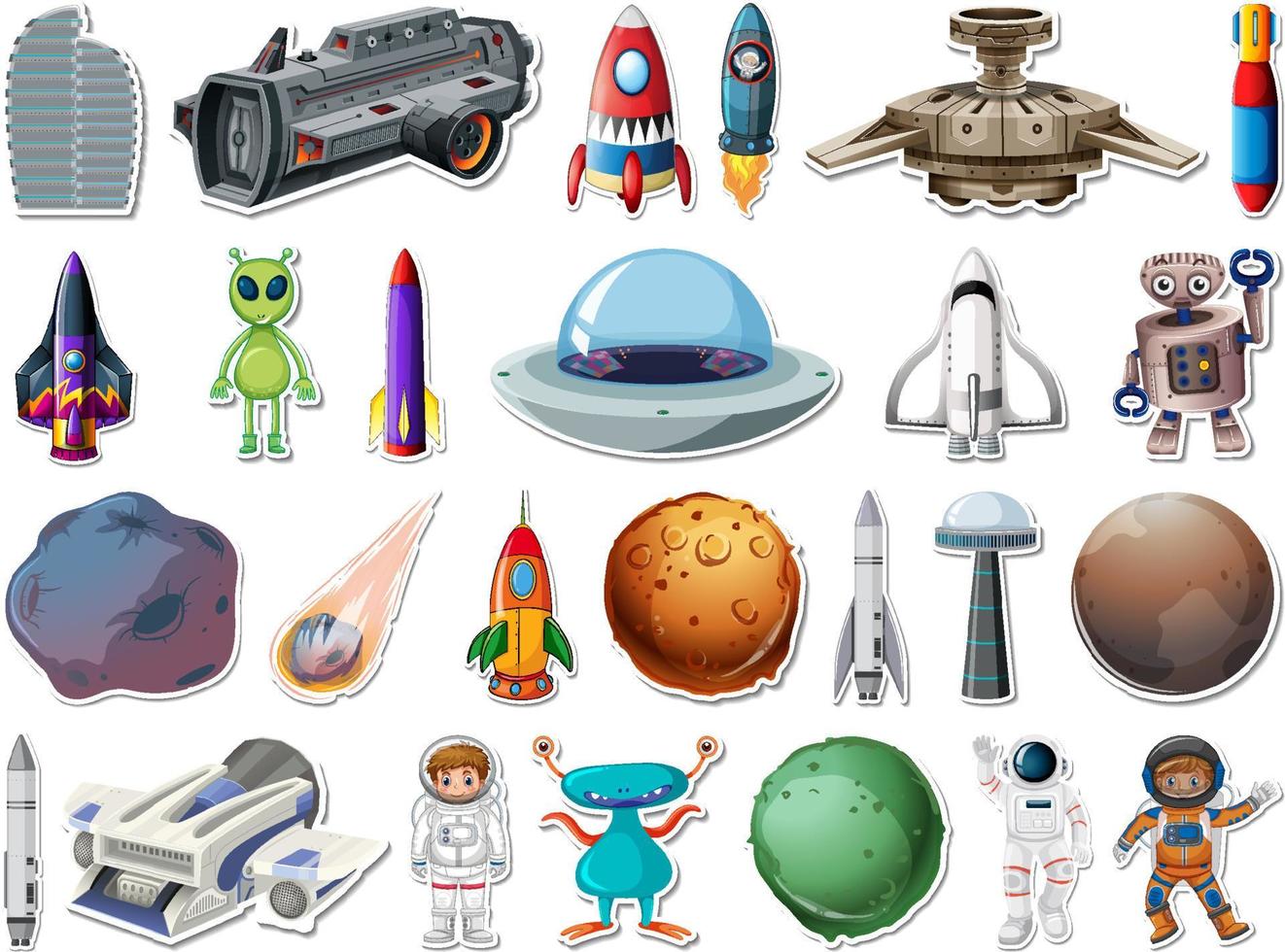 set di adesivi di oggetti spaziali e astronauti vettore