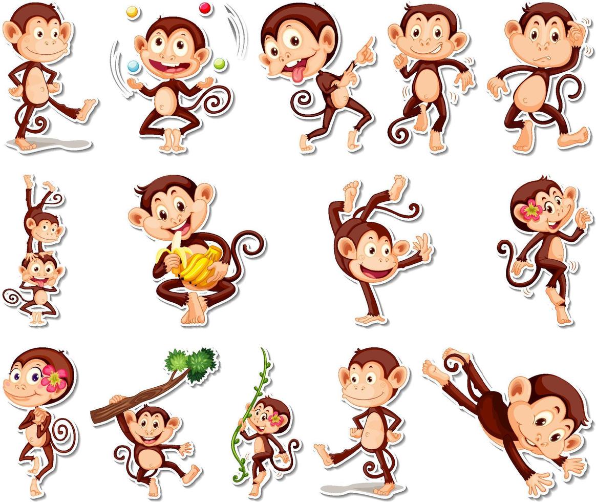 set di adesivi di divertenti personaggi dei cartoni animati di scimmie vettore