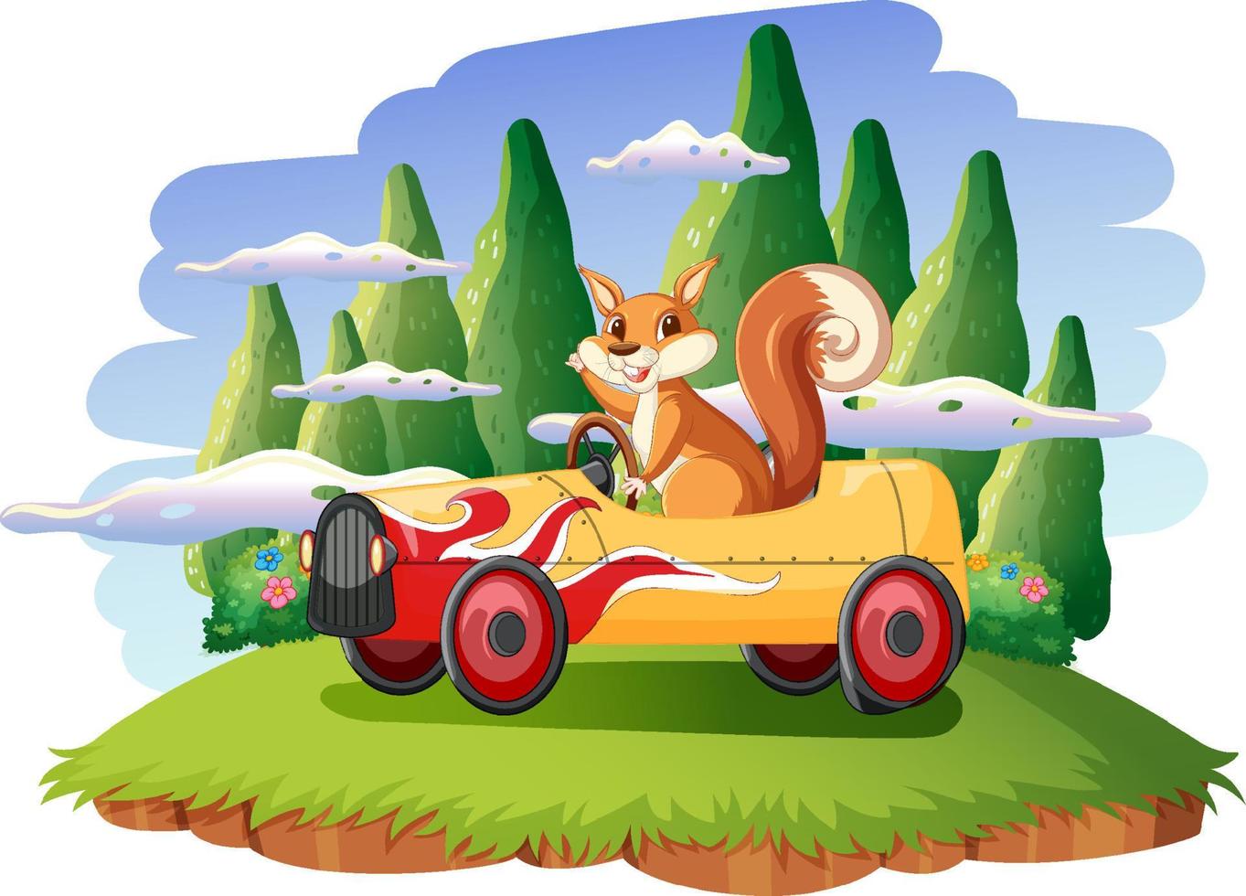 uno scoiattolo che guida un'auto sull'isola vettore
