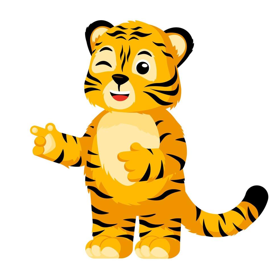 piccola tigre carina che strizza l'occhio isolata. personaggio dei cartoni animati a strisce tigre flirtin. vettore